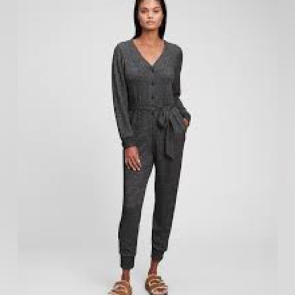 GAP Charcoal Brushed Knit Belted Jumpsuit Button Front Cozy Loungewear Sz M
